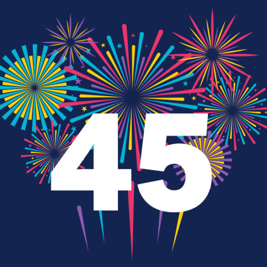 stylized illustration of colorful fireworks with a large number 45